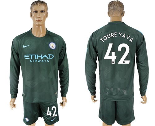 Manchester City #42 Toure Yaya Sec Away Long Sleeves Soccer Club Jersey